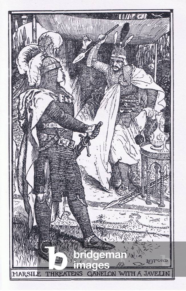 Marsile threatens Ganelon with a Javelin, illustration from The Book of Romance published by Longmans Green and Co, 1919 (litho)
