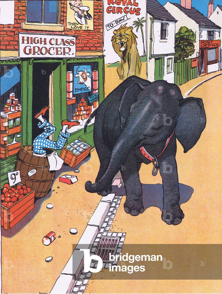 The grocer who vexed the elephant, from Jolly Days in the Country published by Blackie & Son Ltd, 1949 (colour litho)