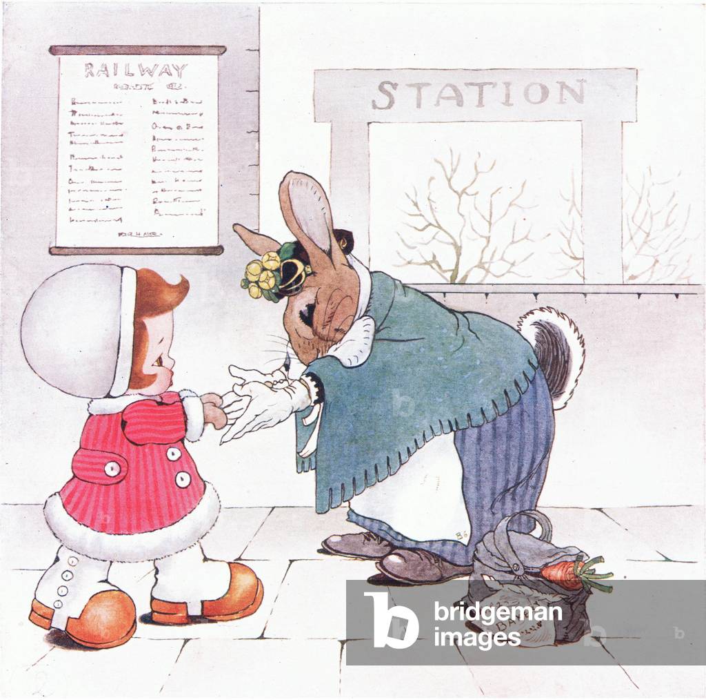Mrs Rabbit came running up to Matilda and held out both her hands, illustration from'The Peek-a Boos Among the Bunnies', c.1920 (colour litho)