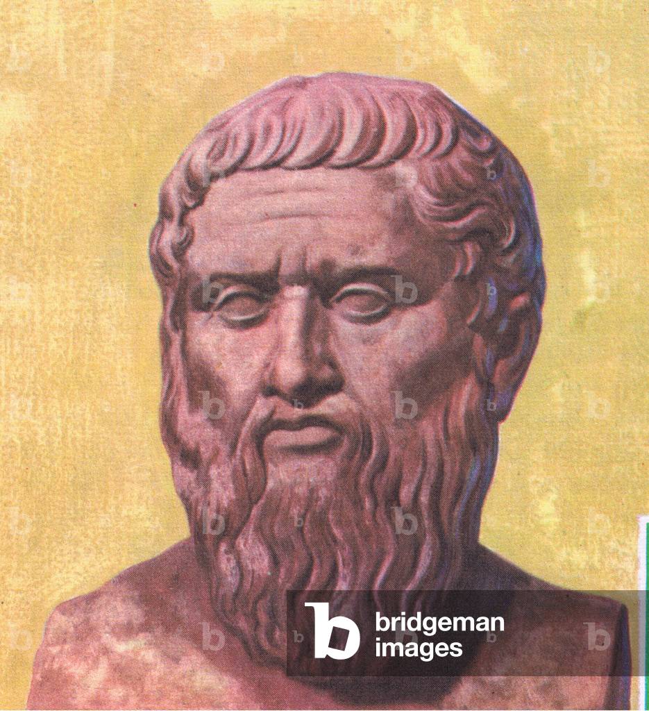 Plato, one of the greatest philosophers, from Knowledge Magazine, 1963 (colour litho)