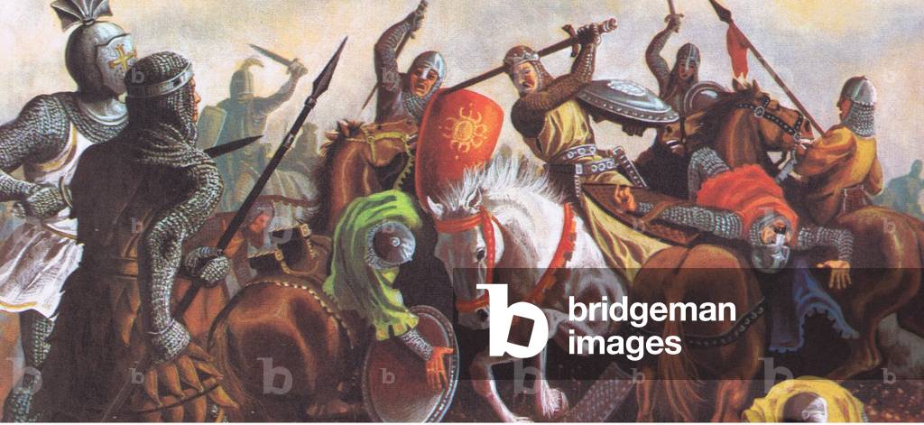 The Battle of Evesham 1265, from Knowledge Magazine, 1963 (colour litho)