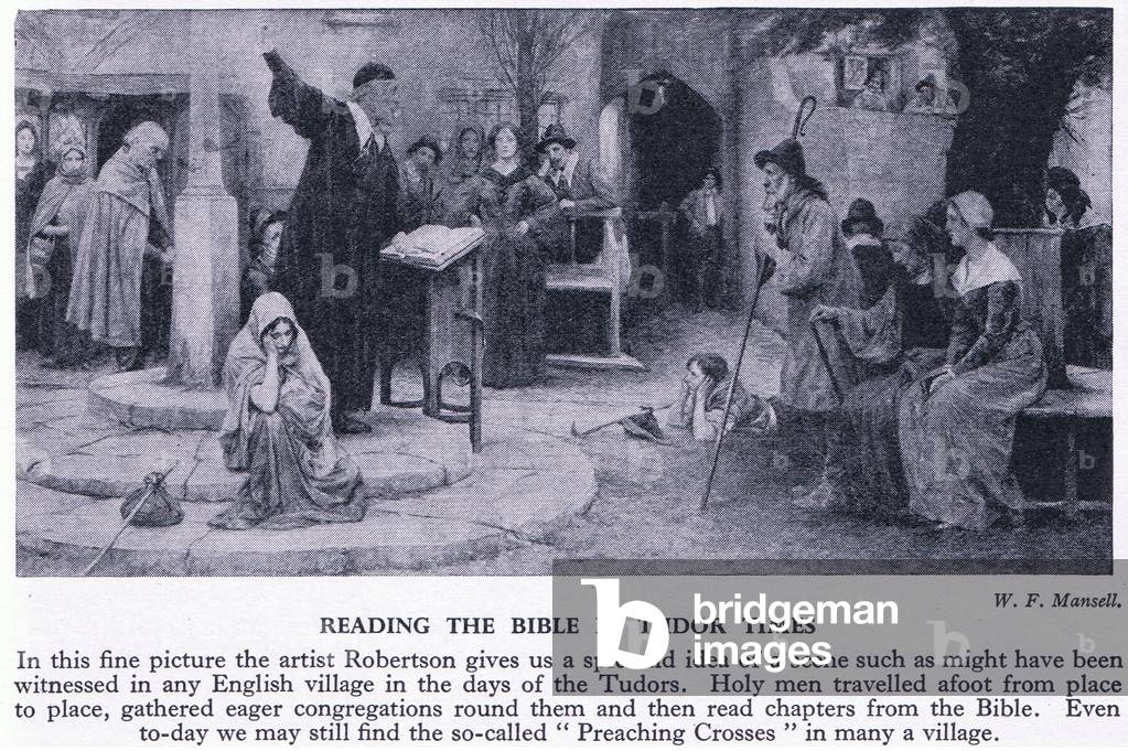 Bible reading in Tudor times, c.1950 (litho)