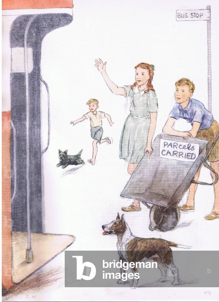 When the bus arrived, David stood with the barrow tilted, so the notice showed, from Pets Limited published by Collins, 1950 (colour litho)