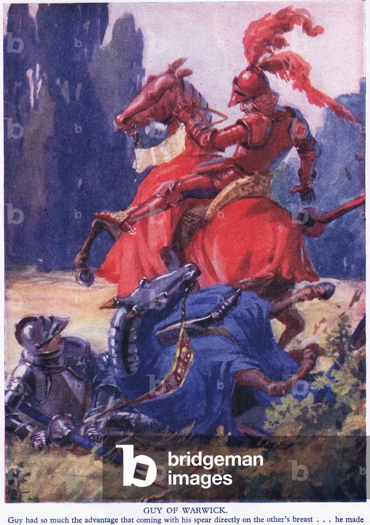 Guy of Warwick: Guy has so much advantage that coming with his spear directly on to the other breast, he made him fall down (colour litho)