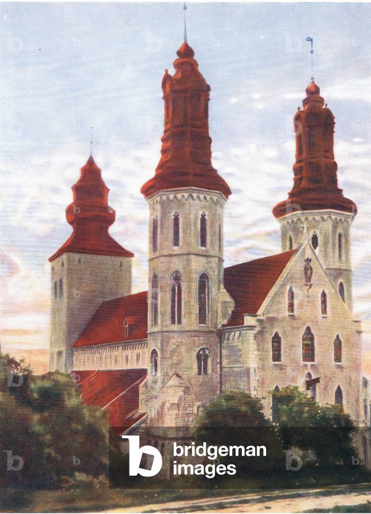 Visby Cathedral on the island of Gotham, illustration from Hutchinson's Picuresque Europe Vol II published by Hutchinson & Co Ltd, c.1920 (colour litho)