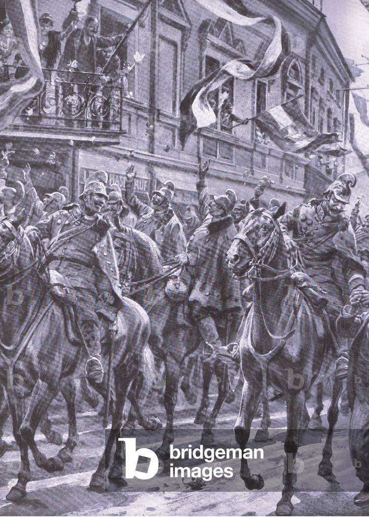 The arrival of the cavalry division and the Bavarian infantry in Przemysl in the early morning 3 June 1915 , from The Illustrated History of the World War 1914-1915 pub. by Union Berlagsefellfchaft, 1922 Vol. 3 (litho)