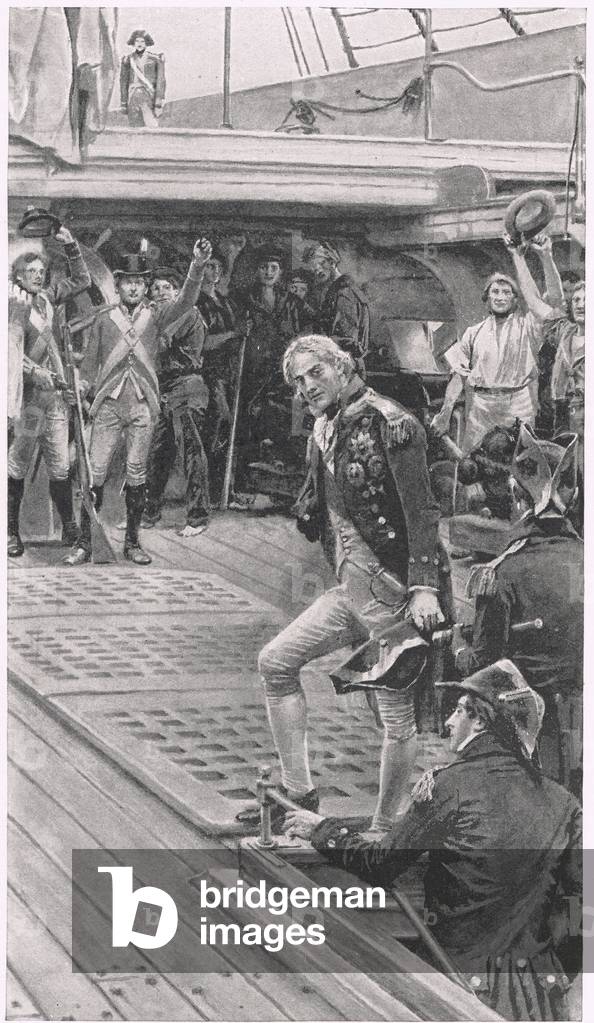 Nelson Coming on Deck, illustration from 'British Battles on Land and Sea', published by Cassell, London, c.1910 (litho)