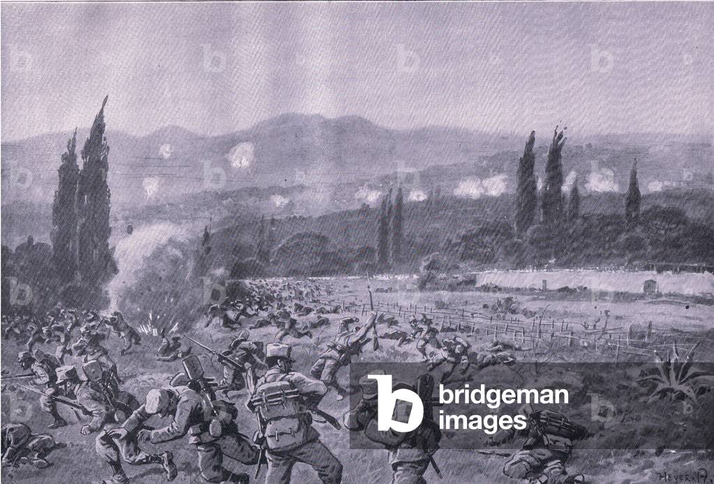 The defeat of the Italians at at Ifonsotal, from The Illustrated History of the World War 1914-1915 pub. by Union Berlagsefellfchaft, 1922 Vol. 3 (litho)