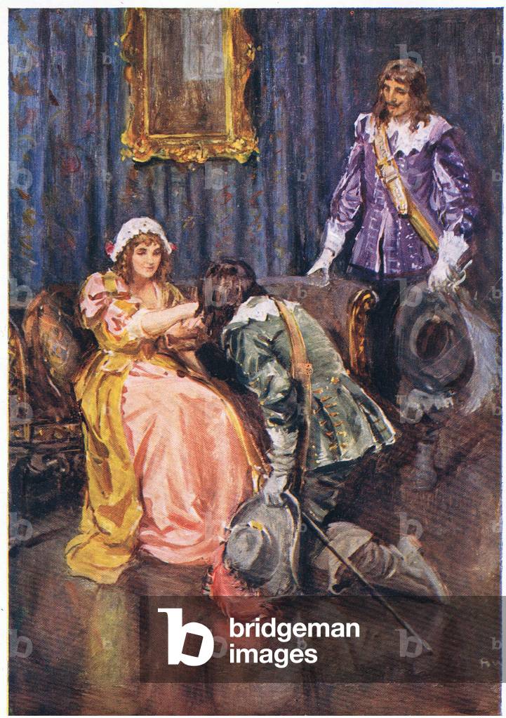 Put one knee to the ground and kissed Madame de Chevreuse's hand, from Twenty Years After published by George Harrap & Co Ltd 1929 (colour litho)