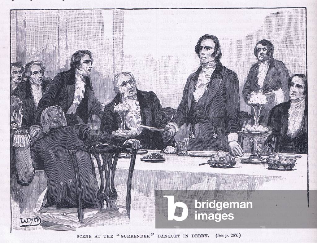 Scene of the surrender banquet in Derry AD 1828 (litho)