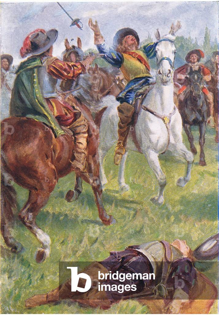 Madame de Chatillon threw out his arms and fell back on his horse's crupper, from Twenty Years After published by George Harrap & Co Ltd 1929 (colour litho)