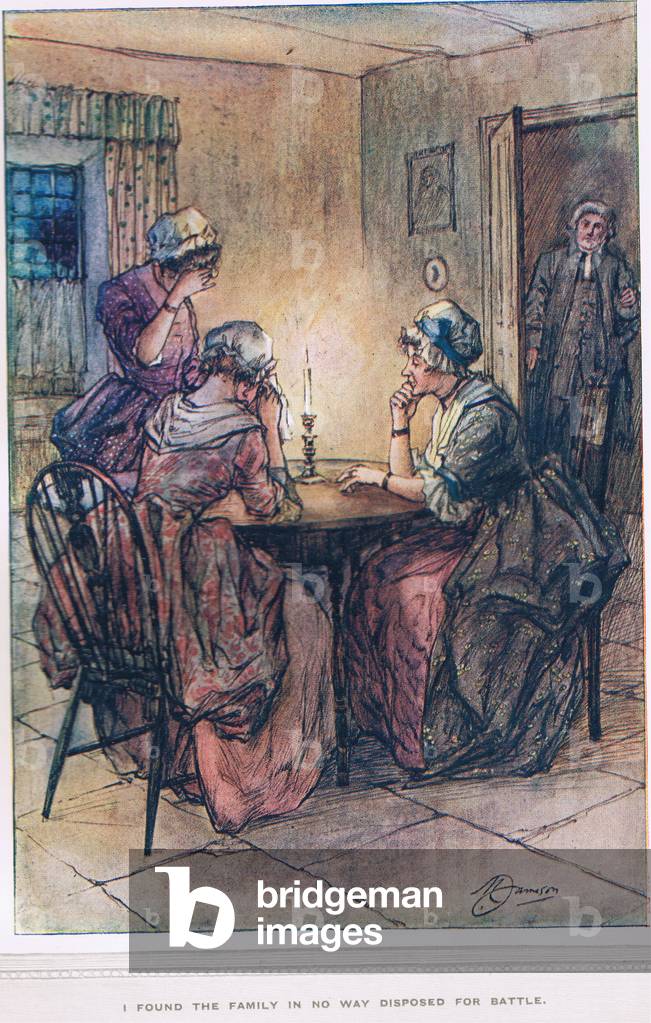 'I found the family in no way disposed for battle', illustration from 'The Vicar of Wakefield' by Oliver Goldsmith, c.1910 (colour litho)