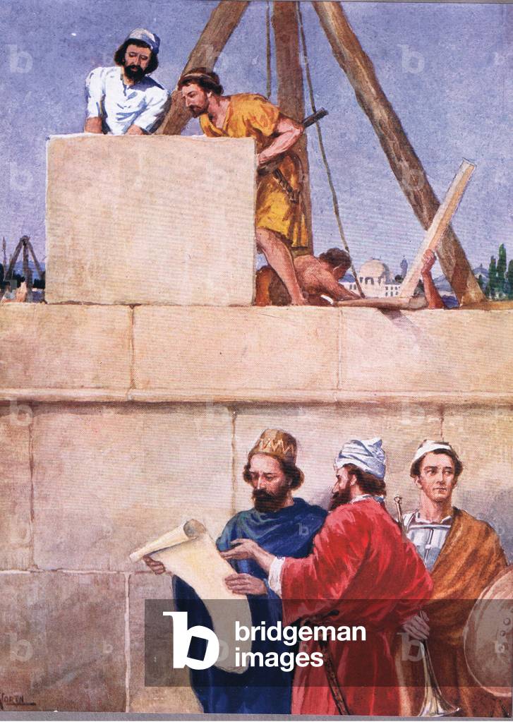 Nehemia rebuilding the walls of Jerusalem, from Bible Stories for Catholic Children pub.by Sands and Company, 1911 (colour litho)