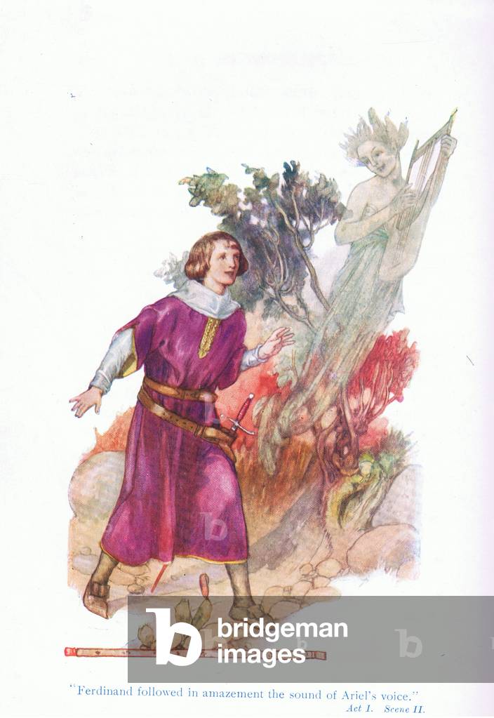 Ferdinand followed in amazement the sound of Ariel's voice (The Tempest), from Tales from Shakespeare pub. by Ward Lock & Co Ltd, 1930-40's (colour litho)