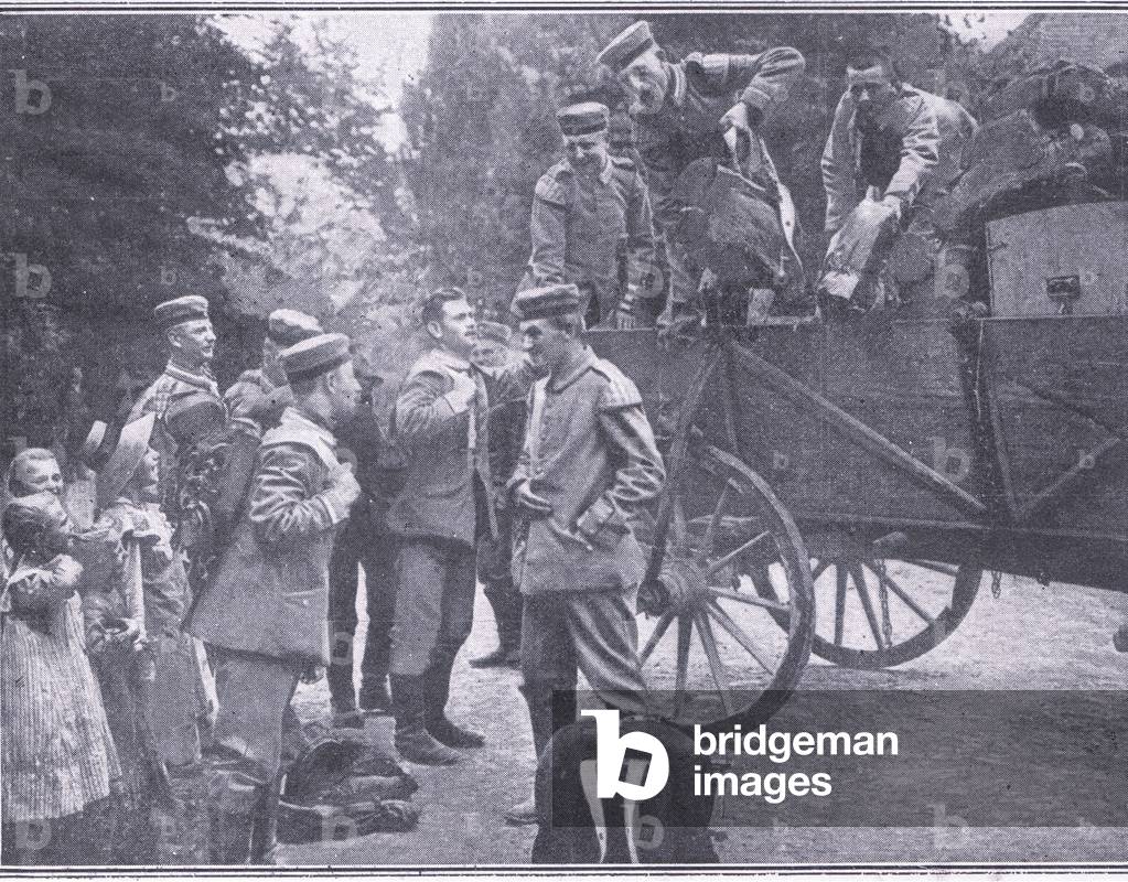 German soldiers unloading baggage and ammunition, from The Great War The Amalgamated Press Limited, 1914 (colour litho)