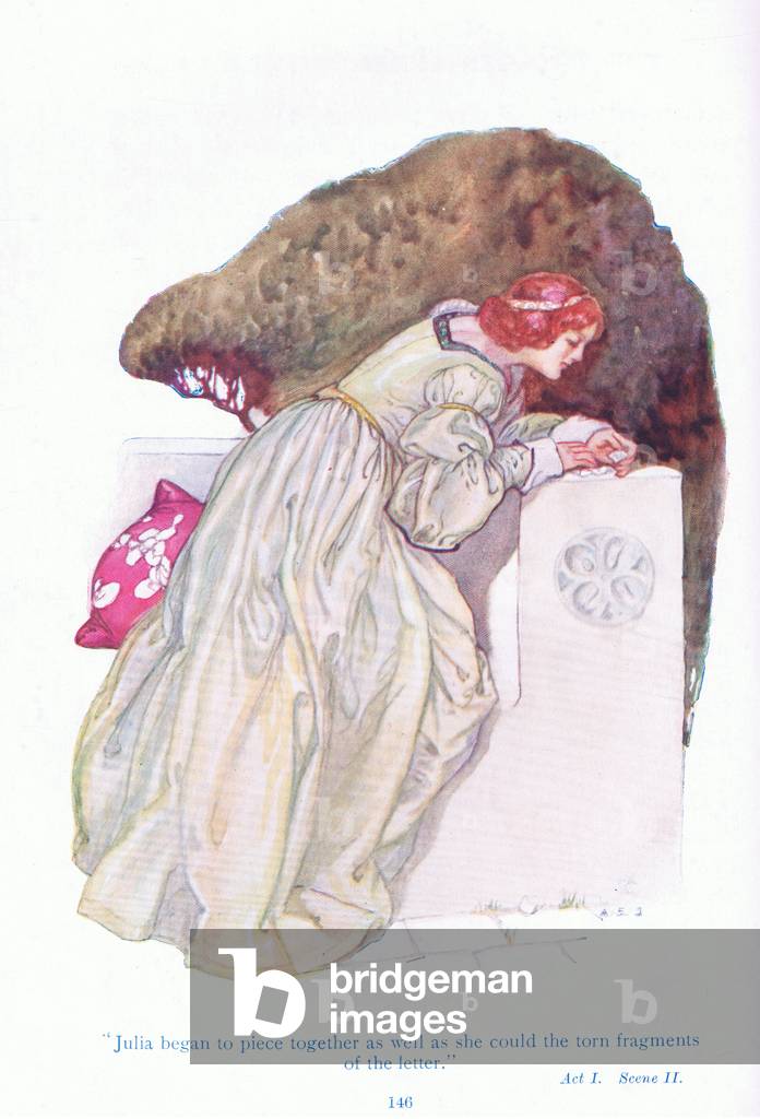 Julia began to piece together as well as she could the torn fragments of the letter (Two Gentlemen of Verona), from Tales from Shakespeare pub. by Ward Lock & Co Ltd, 1930-40's (colour litho)