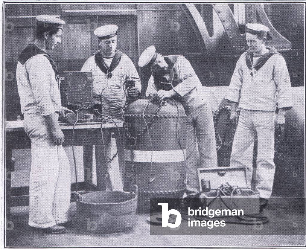 British sailors wiring a mine, from The Great War The Amalgamated Press Limited, 1914 (colour litho)