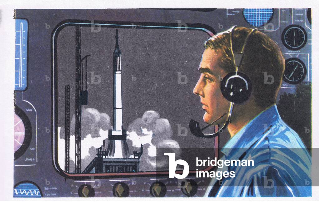 The launching of a satelite, from Knowledge Magazine, 1963 (colour litho)