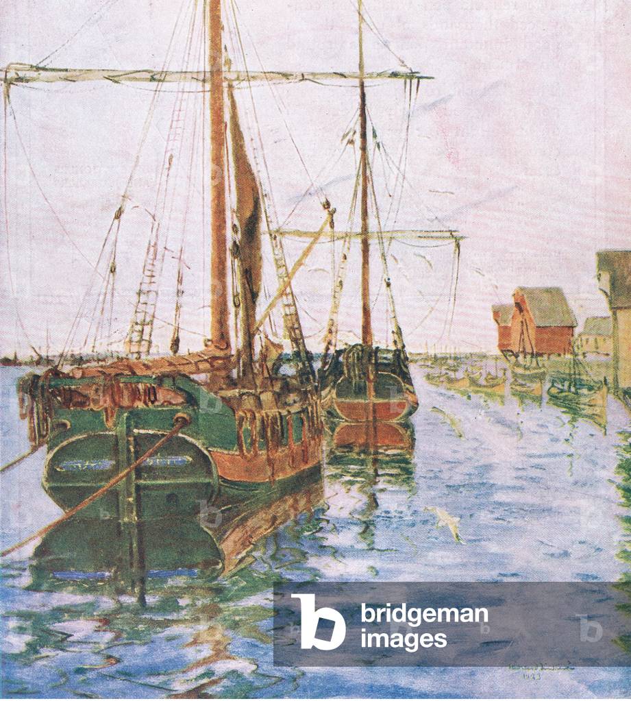 Boats in harbour, from My Magazine, pub.1922 (colour litho)