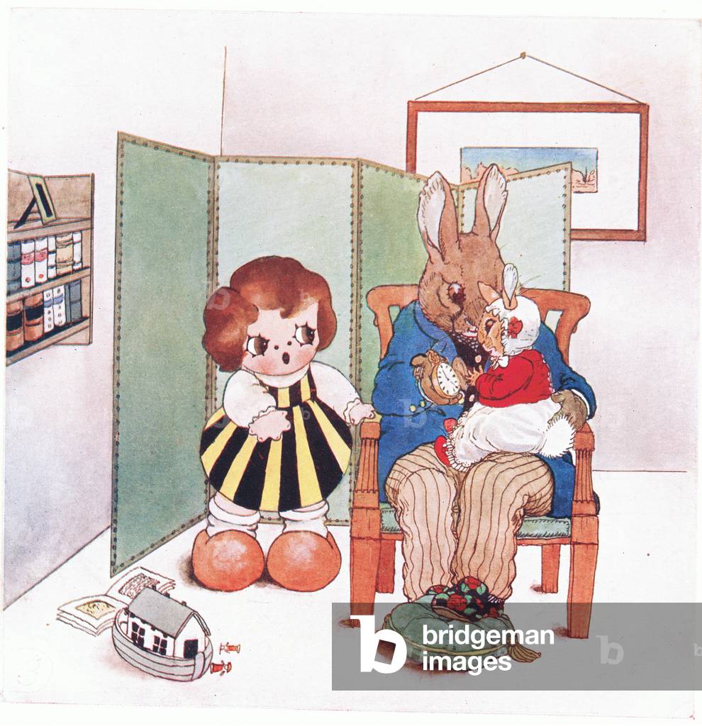 After tea, Mr Rabbit took Bunny on his knee , illustration from'The Peek-a Boos Among the Bunnies', c.1920 (colour litho)