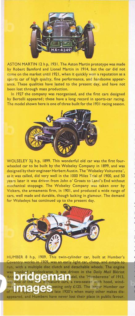 British veteran and vintage cars: Aston Martin 12 hp 1931, Wolsey 3.5 hp 1899 and Humber 8 hp 1909, from Knowledge Magazine, 1963 (colour litho)