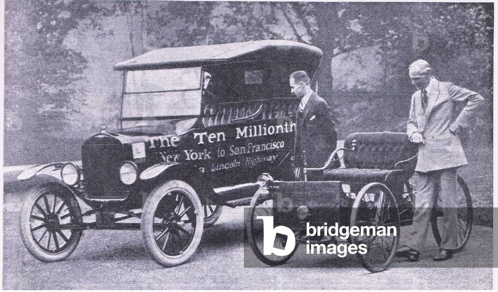 Ten million chapters in the story of development: Mr Henry Ford looking at Ford No 1, illustration from'Cassell's Romance of Famous Lives', c.1940 (b/w photo)