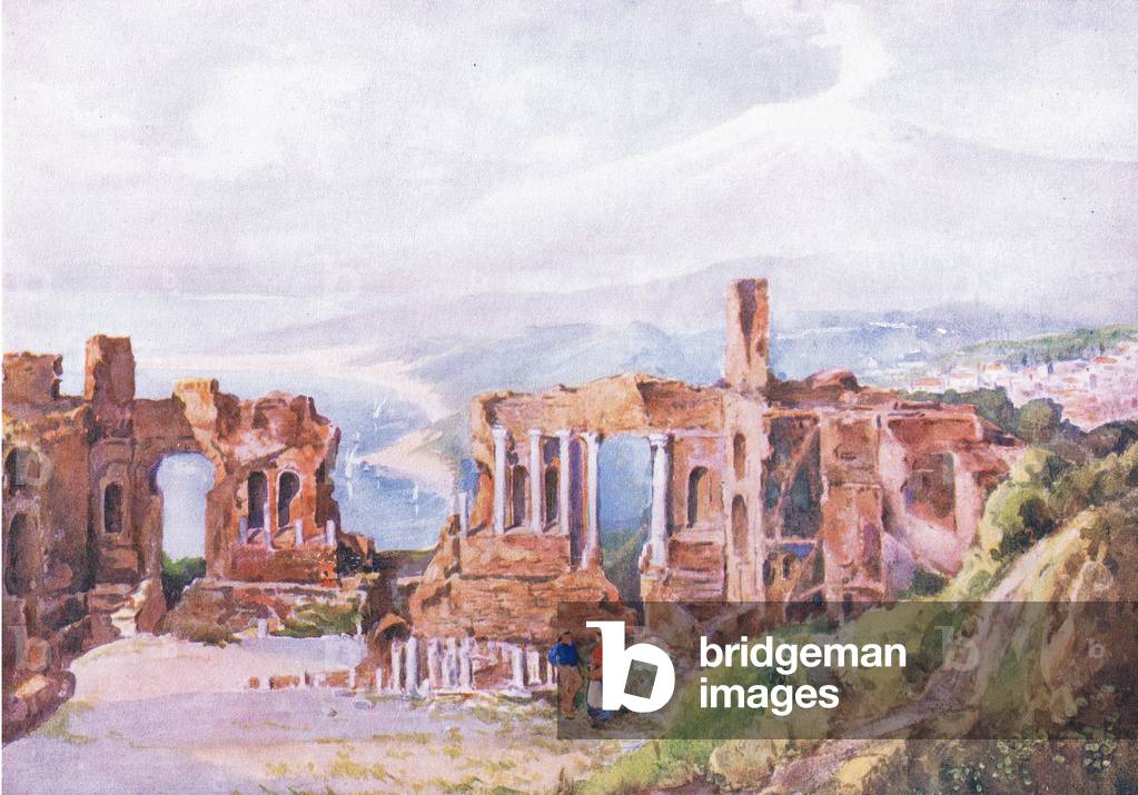Taormina, from the ruins of the Greek theatre, from Hutchinson's Picturesque Europe published by Hutchinson & Son, c.1930 (colour litho)