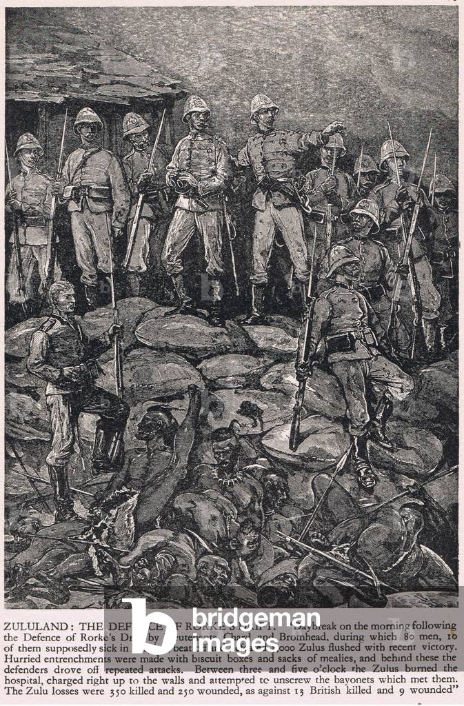 The Defence of Rorke's Drift, illustration from 'Our Fathers' by Alan Bott, 1932 (colour litho)