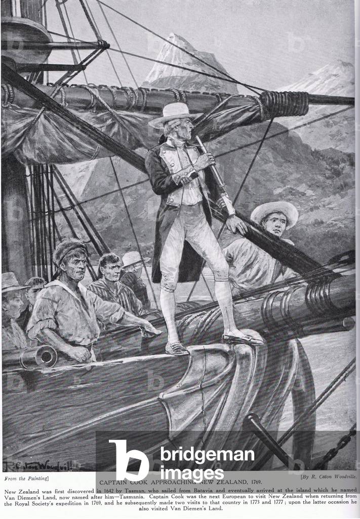 Captain Cook approaching New Zealand, illustration from 'Hutchinson's Story of the British Nation', c.1923 (litho)