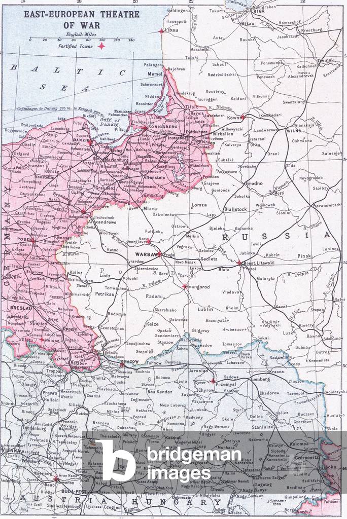Map of East European theatre of war 1914, illustration from European History: Great Leaders and Landmarks Vol 6 The Great War published by The Gresham Publishing Company, c.1920 (litho)