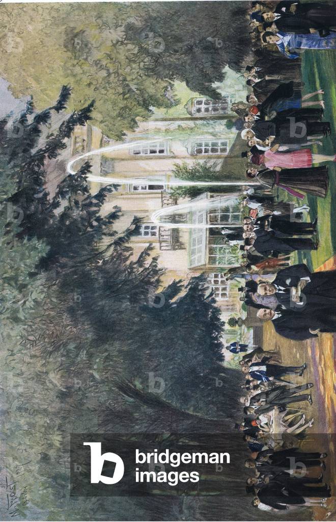 President Von Hindenburg at tea for diplomats in gardens of the Presidents Palace in Berlin, illustration from Hindenburg published by Daterlandischer Derlag C U Weller Berlin, 1922 (colour litho)