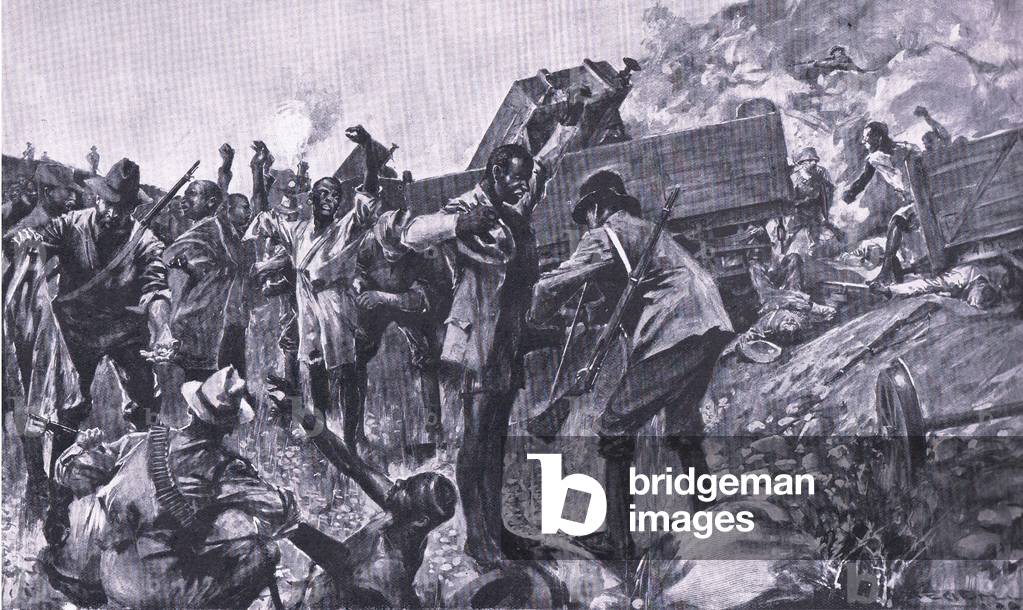The wrecking of the train near Taaibosch, from After Pretoria: The Guerilla War published by Harmsworth Bros Limited, 1901 (litho)