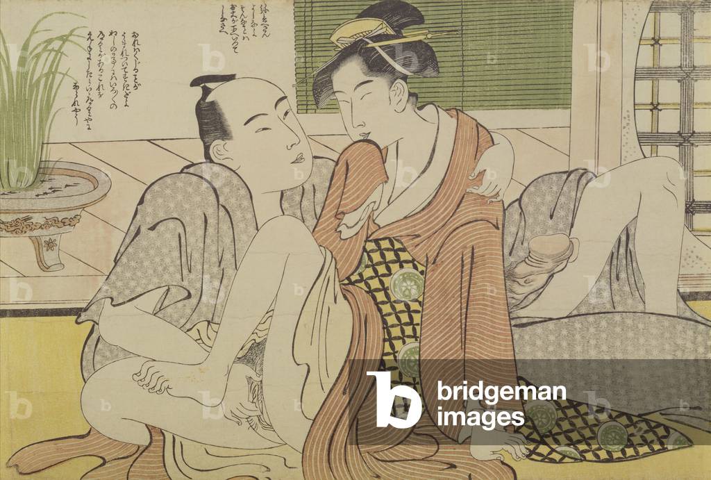 Una stampa 'Shunga' (erotica): un uomo dà piacere alla sua amante, circa 1785, (xilografia a colori)