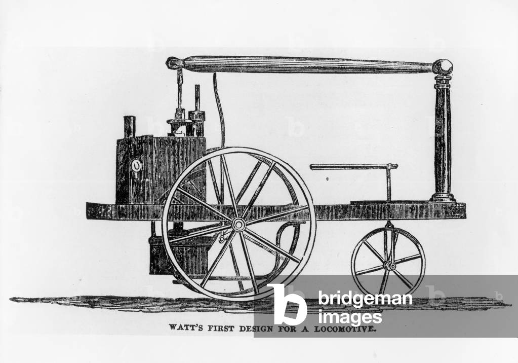 Watt's first design for a locomotive engine, page 35 from 'The Illustrated London News', 5th July 1851 (engraving) (b/w photo)