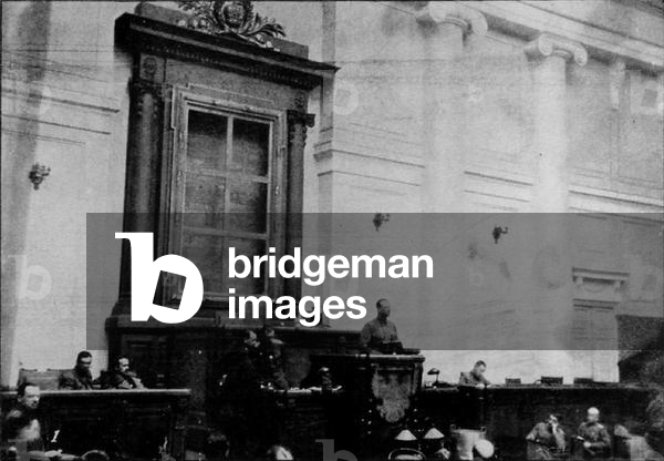 A Scene in the Duma, with the empty frame which had contained the Emperor's portrait, 1917 (b/w photo)