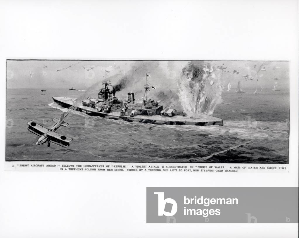 Japanese aircraft attack the battleship 'Prince of Wales' in Pearl Harbour, Hawaii, c.1941 (litho)