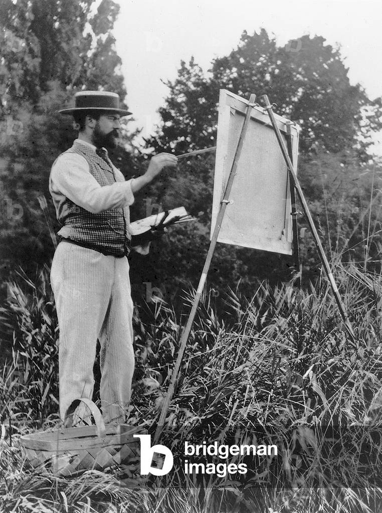 John Singer Sargent (1856-1925) painting in the countryside (b/w photo)