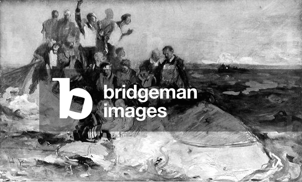 Captain Smith handing a baby to those aboard an overturned lifeboat, 1912 (w/c on paper) (b/w photo)