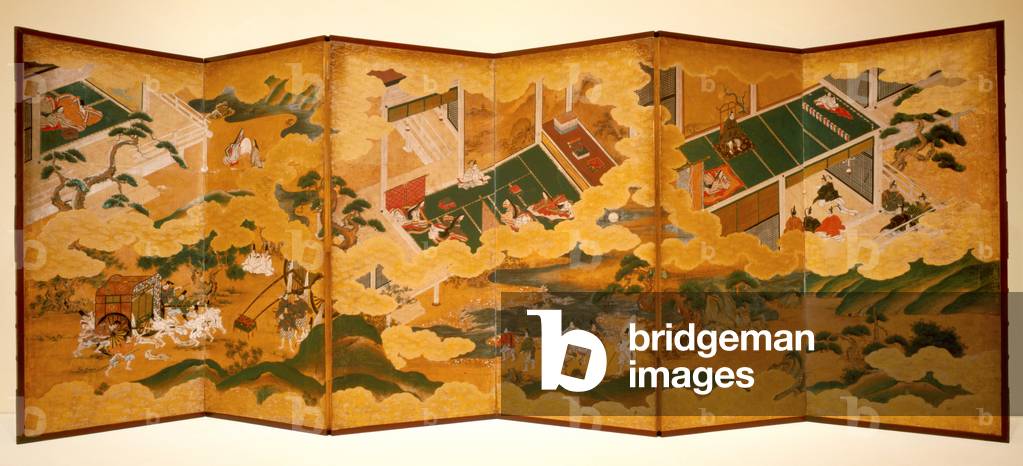 Tales Of Genji, c.1650 (ink, colour and gold leaf on paper, six-fold screen)
