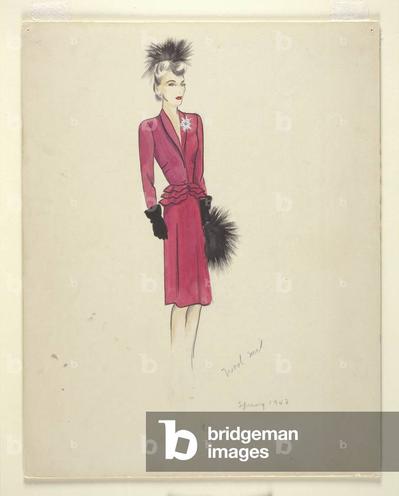 Sketch of a two-piece suit, 1942 (marker on paper)