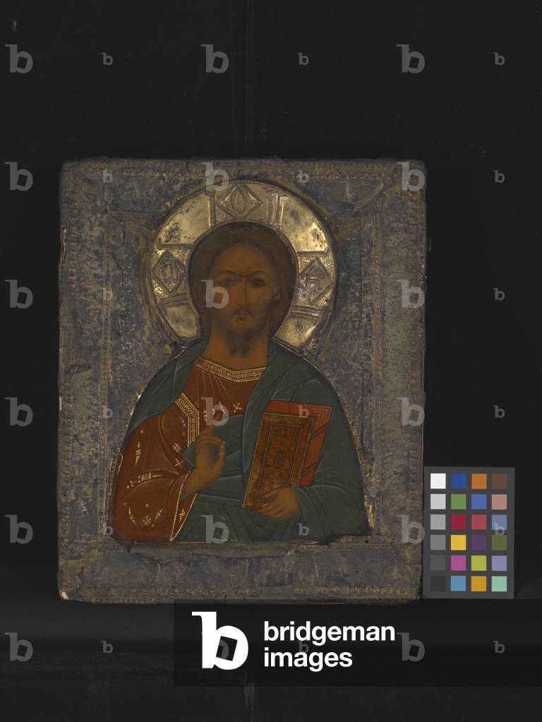 Icon With Christ Blessing (oil and tempera on panel, with embossed silver frame)