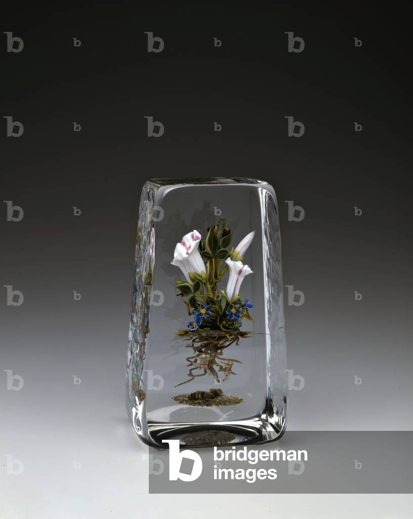 Morning Glory Bouquet Botanical With Blue Forget-Me-Nots And Honeybee, 1991 (flameworked glass elements in crystal, cut & polished)