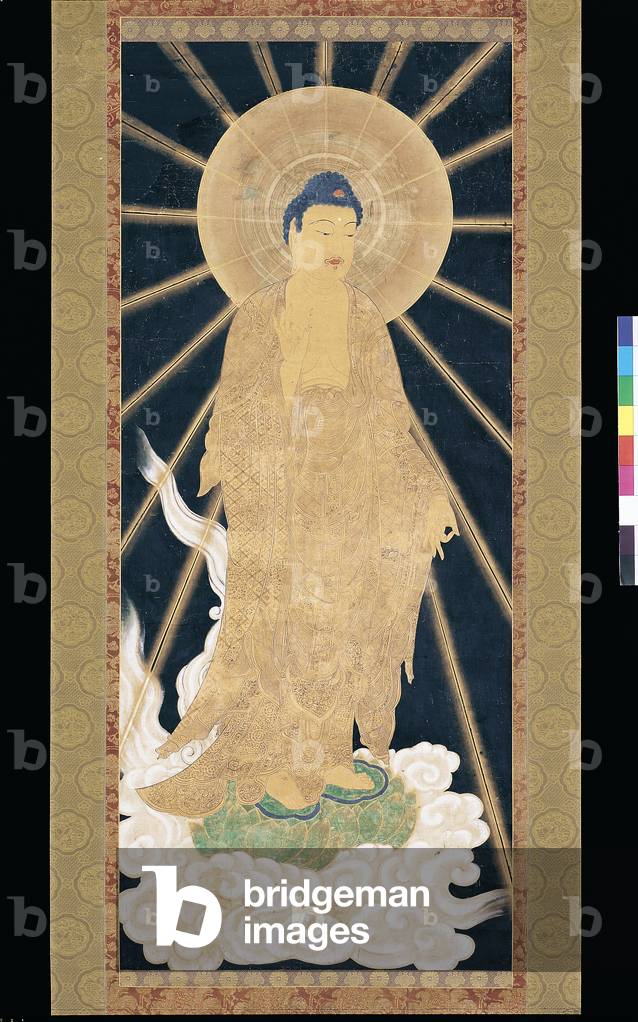 Amitabha (Amida) Triad Descending From Heaven (pigment on konshi (blue rice paper))