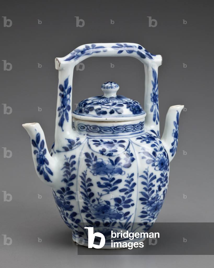 Split ewer with double spout and lid, 1662-1722 (porcelain, blue underglaze)