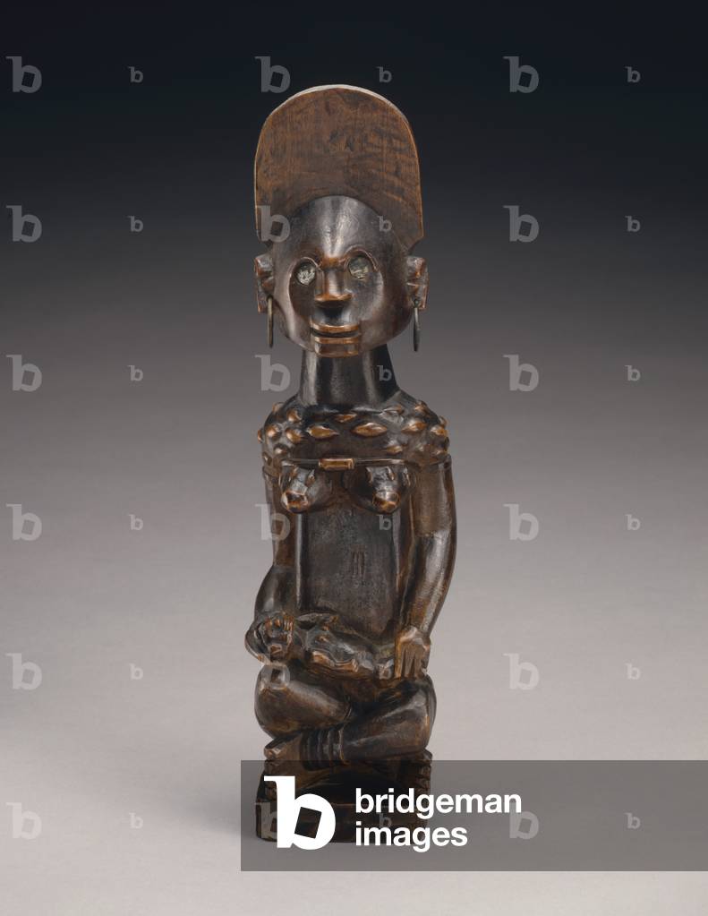 Female Figure With Child (Phemba), Yombe People (wood, brass & glass)