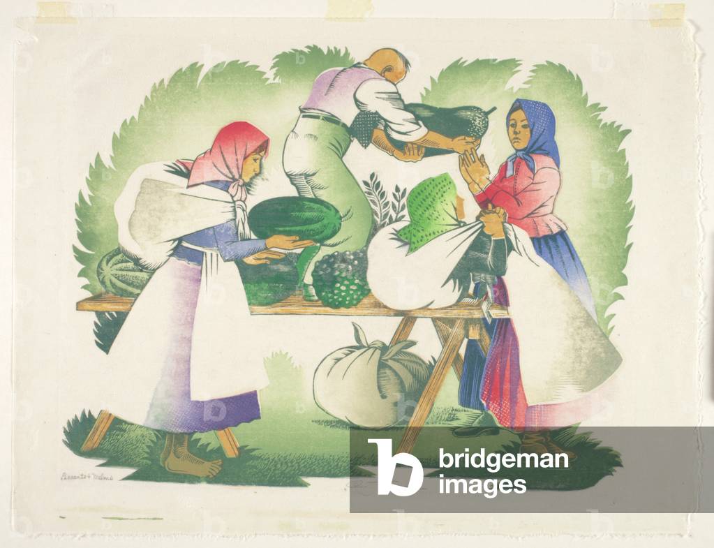 Peasants and Melons, c.1930 (colour woodblock print on off-white Japanese paper)
