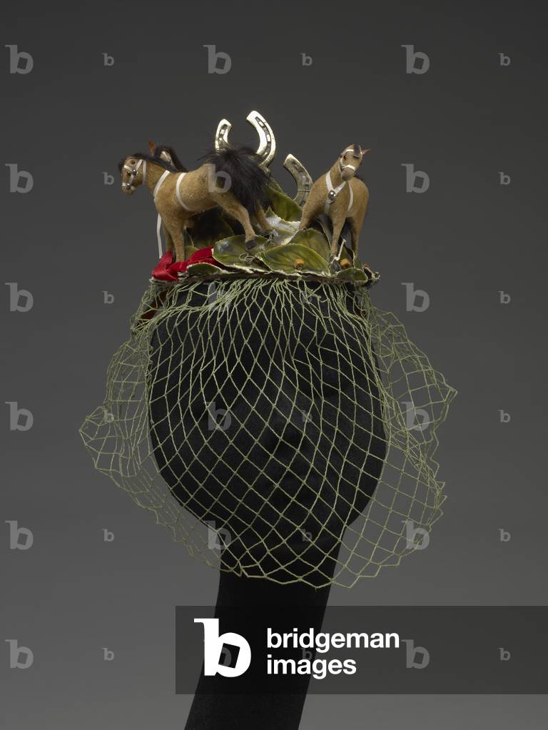 Hat (Horses) (synthetic fibers, plastic, rabbit hide and fur, brass, wood, paper, cotton)