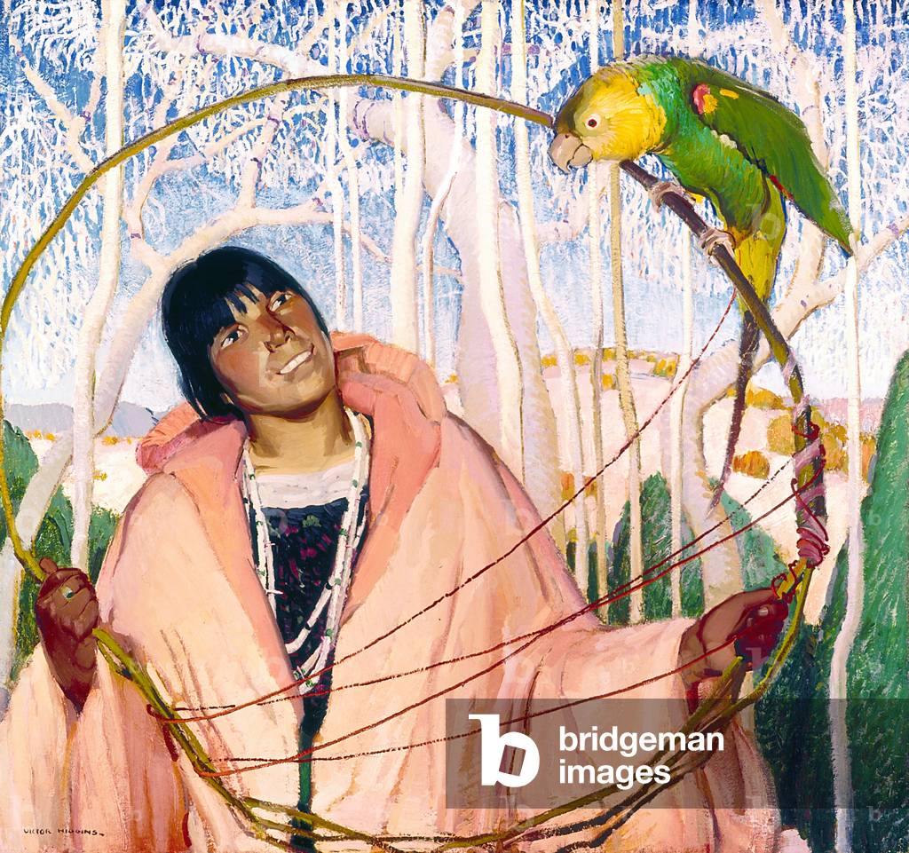 Indian Girl With Parrot And Hoop (oil on canvas)