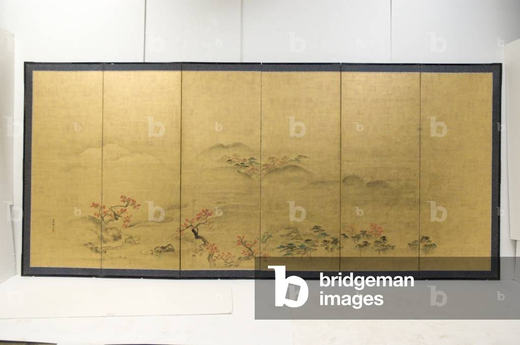Spring and Autumn Landscape (ink, colour & gold leaf on paper, six-fold screen)