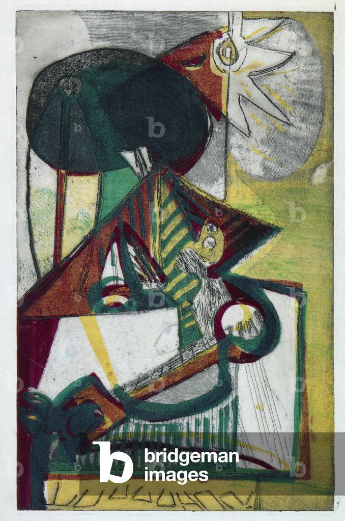 Cock at the Wake, 1947 (colour etching & engraving)